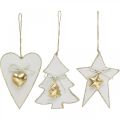 Floristik24 Ciondolo natalizio cuore / abete / stella, decorazione in legno, decorazione per albero con campane bianco, dorato H14.5 / 14 / 15.5cm 3 pezzi