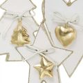 Floristik24 Ciondolo natalizio cuore / abete / stella, decorazione in legno, decorazione per albero con campane bianco, dorato H14.5 / 14 / 15.5cm 3 pezzi