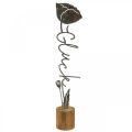 Supporto in legno con fiore decorativo in metallo scritta &quot;Happiness&quot; H40cm