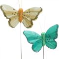 Floristik24 Farfalla con glitter, tappi decorativi, piuma farfalla primavera giallo, turchese, verde 4×6,5 cm 24 pezzi