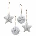 Floristik24 Appendino decorativo stella e palla albero di Natale con fiocchi di neve in metallo bianco Ø9,5 / 7,6 cm H10 / 9,2 cm 4 pezzi