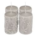 Floristik24 Candele a colonna candele grigie fiocchi di neve 100/65mm 4 pezzi