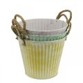 Floristik24 Vaso decorativo, secchio in metallo per piantare, fioriera con manici, rosa/verde/giallo shabby chic Ø14,5 cm H13 cm set di 3