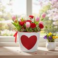Vaso da fiori bianco con cuore rosso, fioriera, Ø13cm H10.5cm | Floristik24.it
